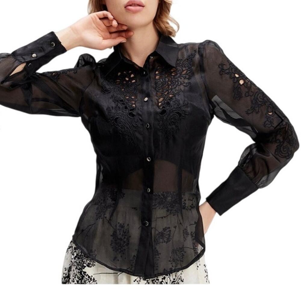 Smart and Joy Victorian Gothic Embroidered Organza Blouse Size 12 Dark Romantic